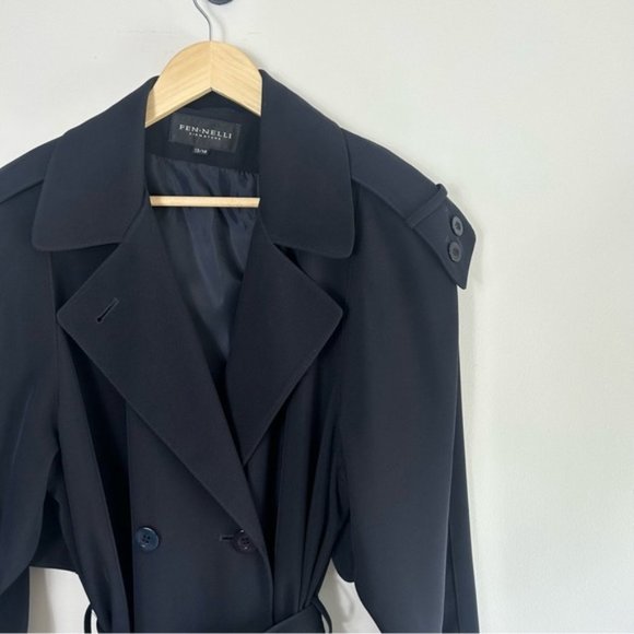 VINTAGE Fennelli Navy Long Belted Trench Coat Size 13/14 - Picture 9 of 10
